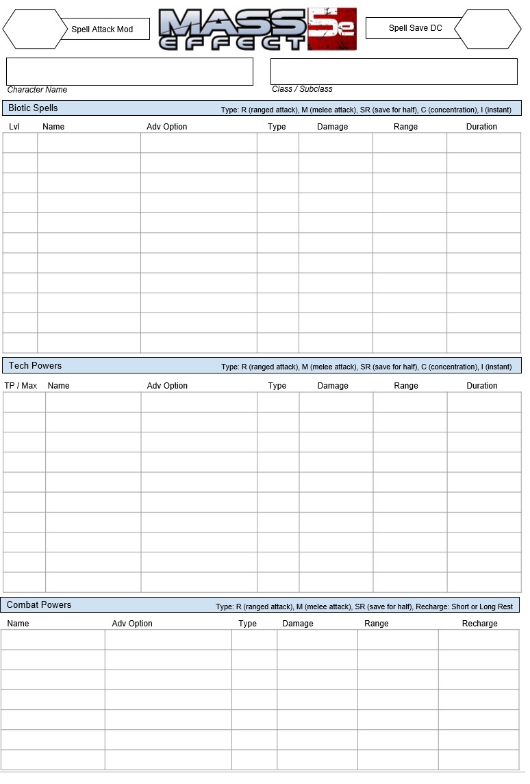 MASS EFFECT ANDROMEDA SF 5e Player Character Sheets MASS EFFECT ANDROMEDA SF 5e Player Character Sheets