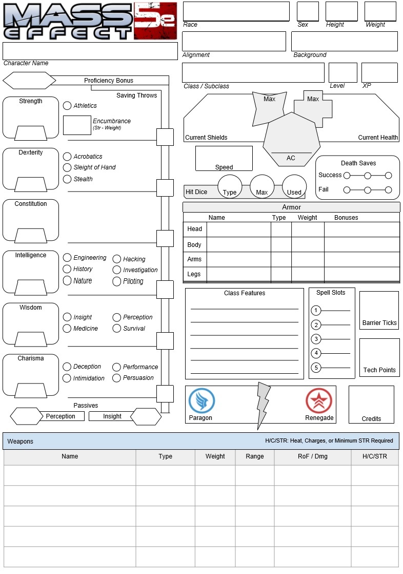 MASS EFFECT ANDROMEDA SF 5e Player Character Sheets